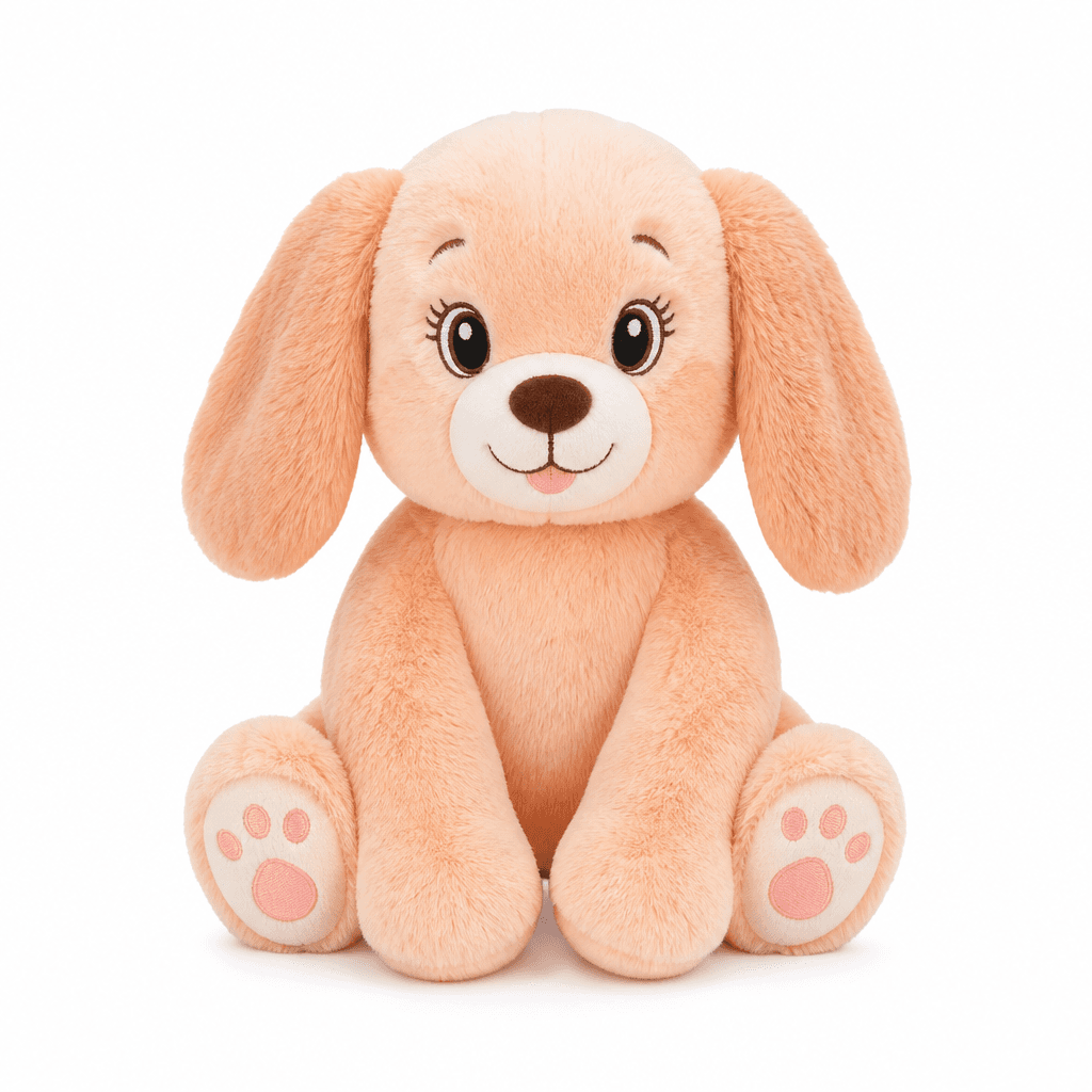 Peachy Paws Plush Puppy, 13 Inch, Peach on a white background
